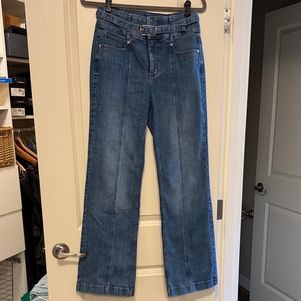 Women’s extra high rise belted denim trousers